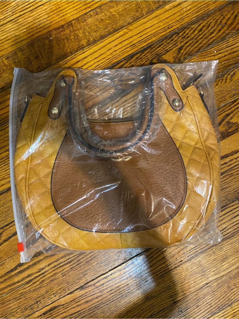 Women’s Two-Tone Quilted Saddle Bag in Mustard and Brown
